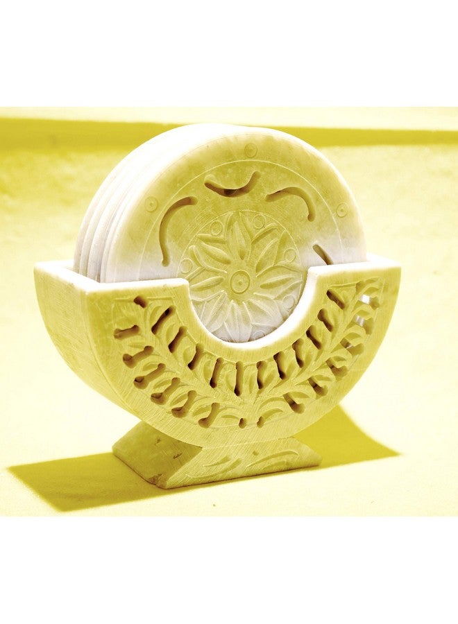 MARBOGLASS India Marble Coasters Floral Carving Work Tea/Coffee Cup Holder,for Home and Office use(Set of 6) - Image 1