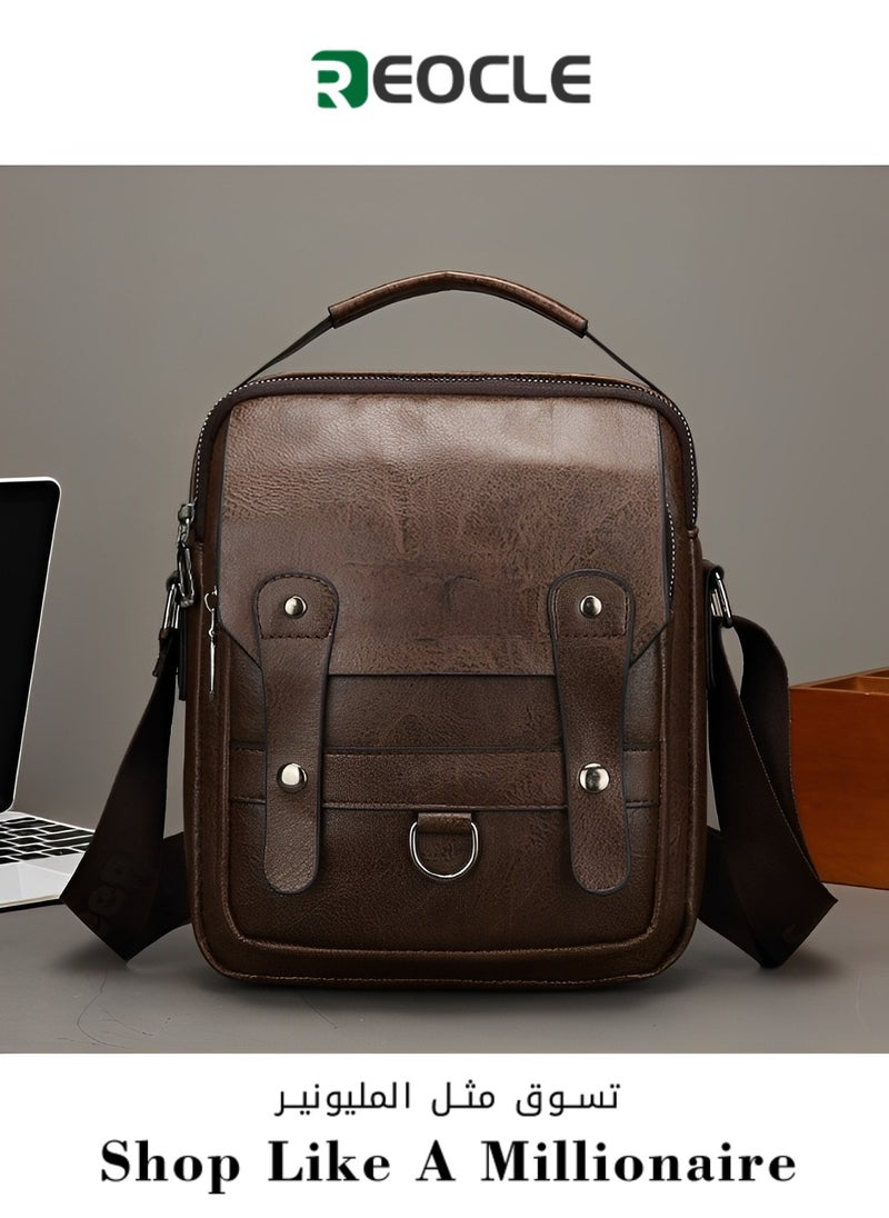 REOCLE Men's Shoulder Bag Messenger Bag PU Leather Business Travel Crossbody Pack Satchel Side Bag Casual Handbags Man Bag for Working & Hiking & Traveling & Daily Use 