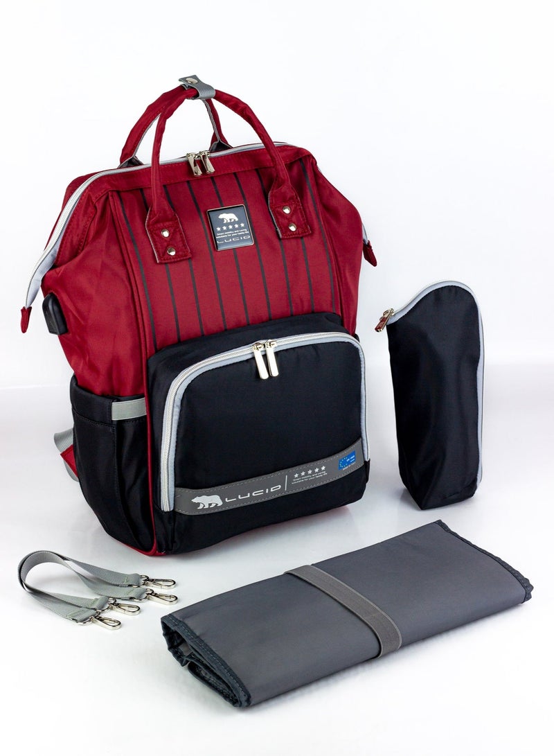 LUCID Custom LUCID USB Charging Multifunctional Waterproof Backpack Diaper Bag for Baby- Red. - Image 1