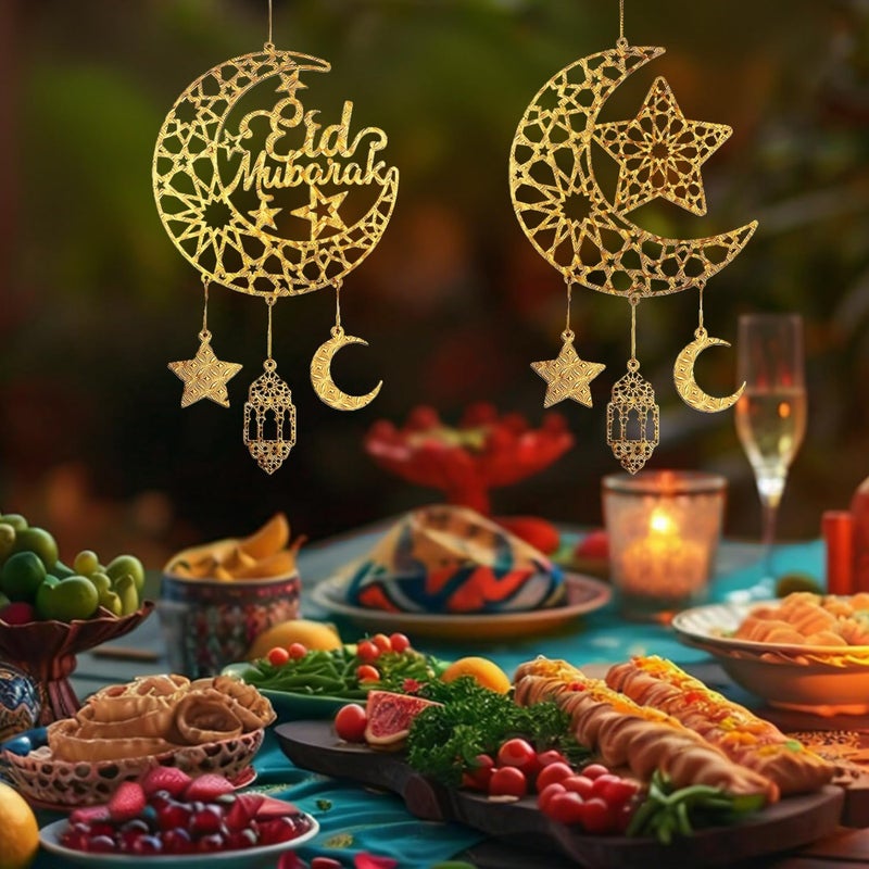 iLifemate Eid Decorations for Home, Eid Mubarak Moon & Star Wooden Hanging Ornaments â€“ Gold Islamic Crescent Moon for Eid al-Fitr Sign, Muslim Home Decor, Eid Gifts, Ramadan Party Wall Door Wreath - Image 5