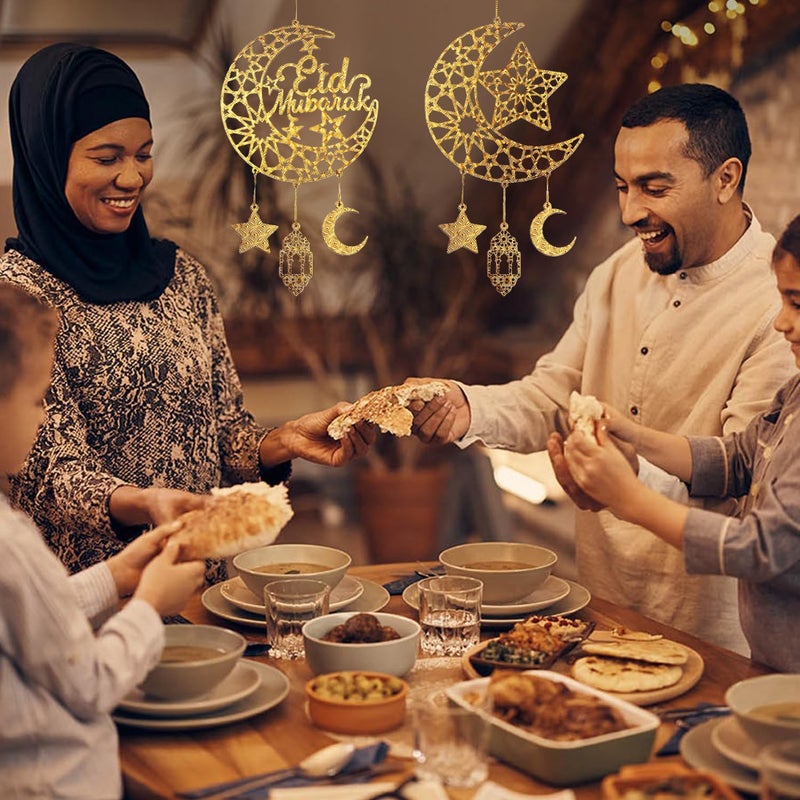 iLifemate Eid Decorations for Home, Eid Mubarak Moon & Star Wooden Hanging Ornaments â€“ Gold Islamic Crescent Moon for Eid al-Fitr Sign, Muslim Home Decor, Eid Gifts, Ramadan Party Wall Door Wreath - Image 4
