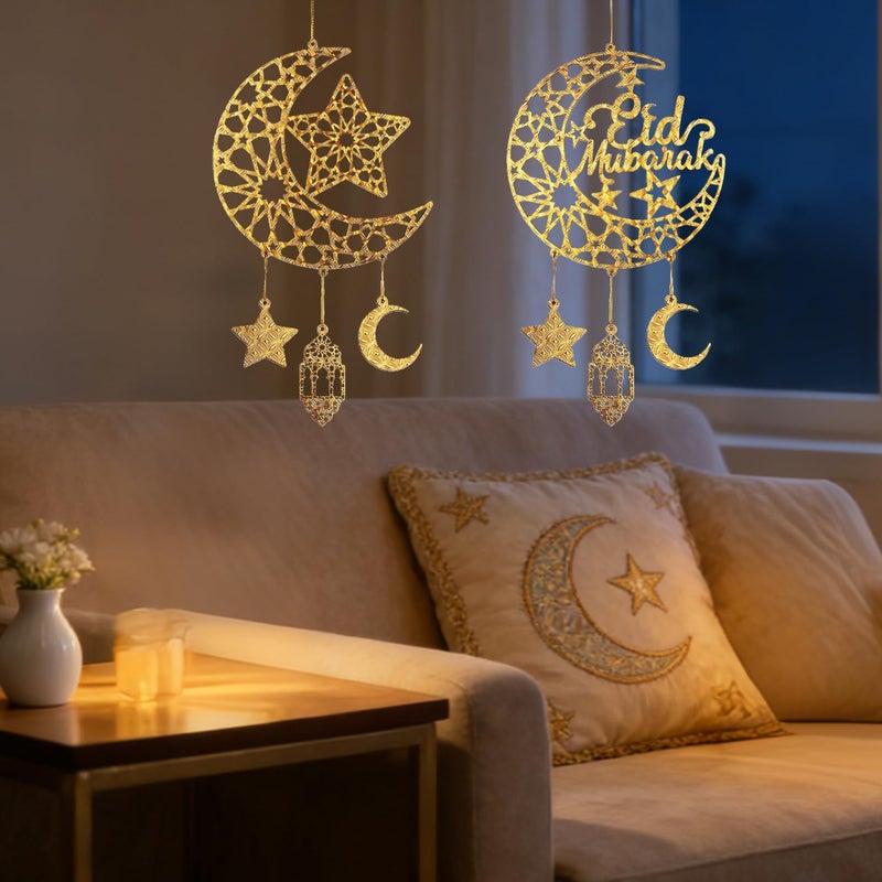 iLifemate Eid Decorations for Home, Eid Mubarak Moon & Star Wooden Hanging Ornaments â€“ Gold Islamic Crescent Moon for Eid al-Fitr Sign, Muslim Home Decor, Eid Gifts, Ramadan Party Wall Door Wreath - Image 2