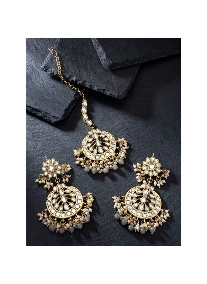 Aheli Exquisite Design Grey Colored Faux Kundan Chandbali Earrings Maang Tikka Set Ethnic Indian Jewelry For Women  - Image 3