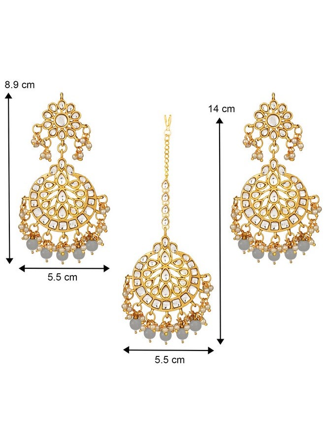 Aheli Exquisite Design Grey Colored Faux Kundan Chandbali Earrings Maang Tikka Set Ethnic Indian Jewelry For Women  - Image 4