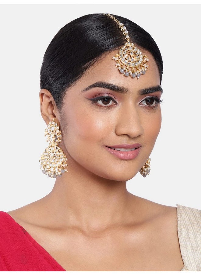 Aheli Exquisite Design Grey Colored Faux Kundan Chandbali Earrings Maang Tikka Set Ethnic Indian Jewelry For Women  - Image 2