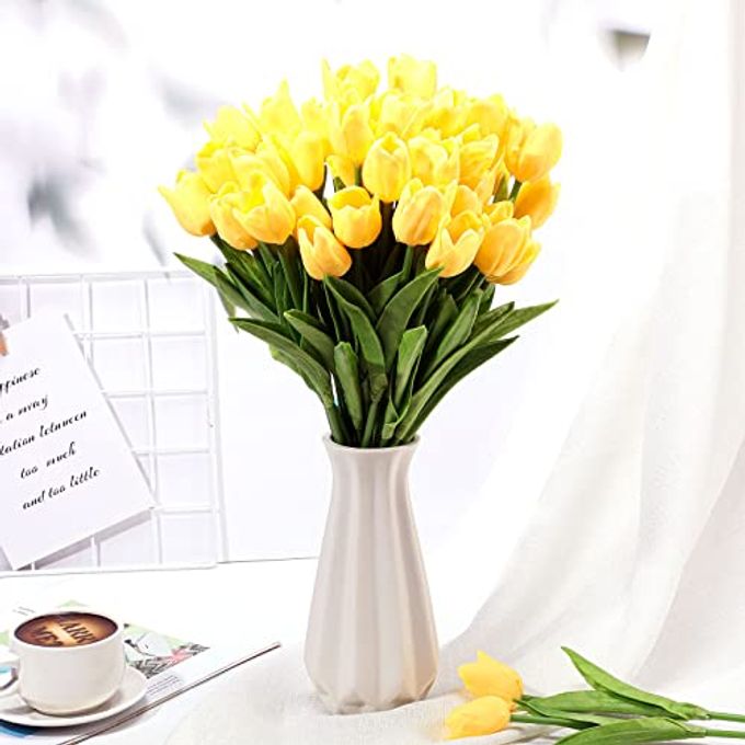 Geosar 40 Pcs Mother's Day Artificial Fake Tulip Flowers Bulk for Decoration, 14 Inch PU Faux Tulip Stems for Wedding Table Centerpieces Floral Vase Decor(Yellow) - Image 3