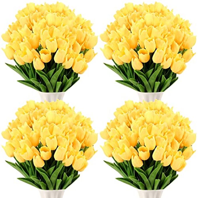 Geosar 40 Pcs Mother's Day Artificial Fake Tulip Flowers Bulk for Decoration, 14 Inch PU Faux Tulip Stems for Wedding Table Centerpieces Floral Vase Decor(Yellow) - Image 4