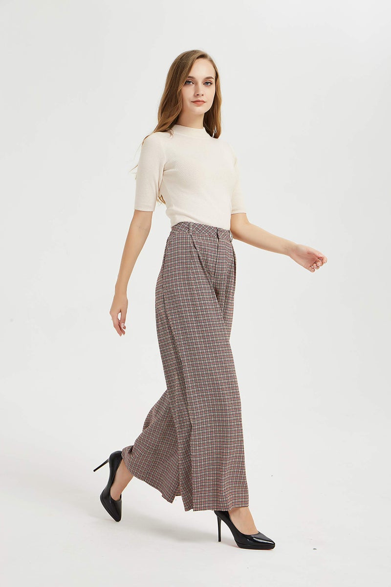 Tronjori Women High Waist Casual Wide Leg Long Palazzo Pants Trousers Regular Size(M, Multi Check) - Image 3