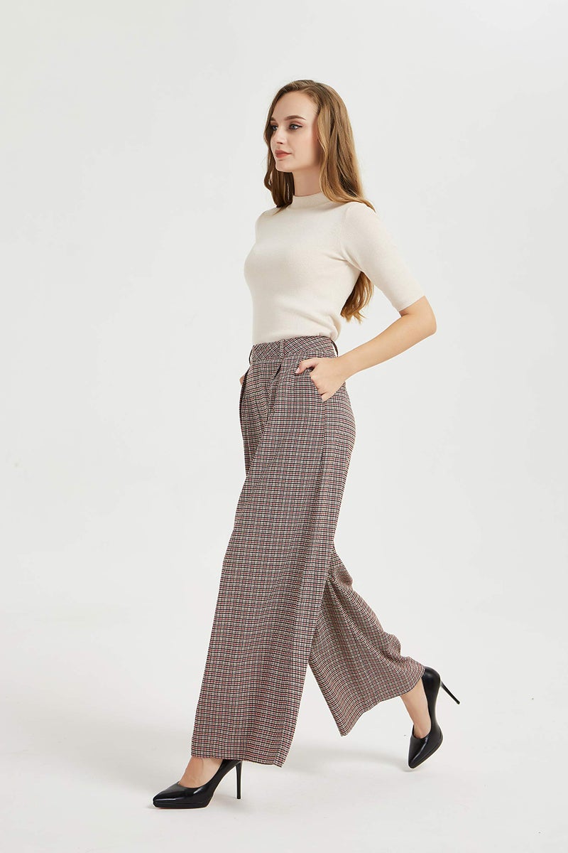 Tronjori Women High Waist Casual Wide Leg Long Palazzo Pants Trousers Regular Size(M, Multi Check) - Image 4