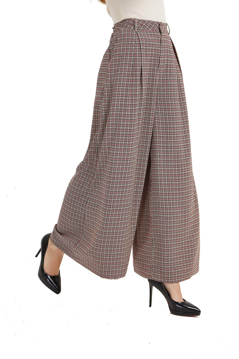 Tronjori Women High Waist Casual Wide Leg Long Palazzo Pants Trousers Regular Size(M, Multi Check) - Image 1