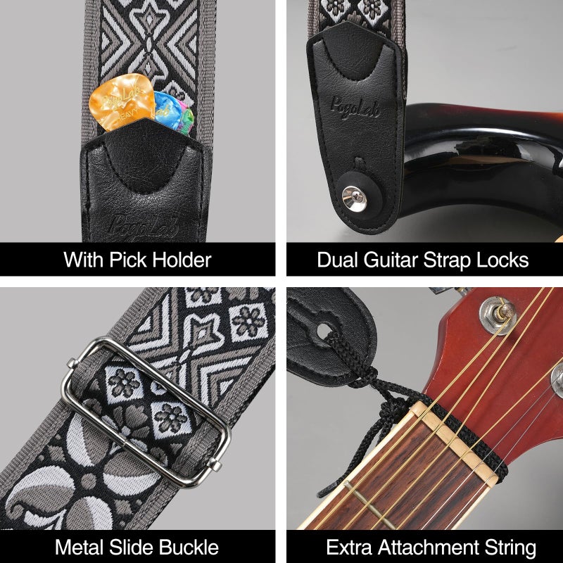 POGOLAB Guitar Strap, 2 inch Wide Jacquard Embroidery Cotton Adjustable Guitar Straps with Leather Ends, Soft & Comfortable, with Strap Locks & Picks, for Bass/Electric/Acoustic Guitar (Grey) - Image 5