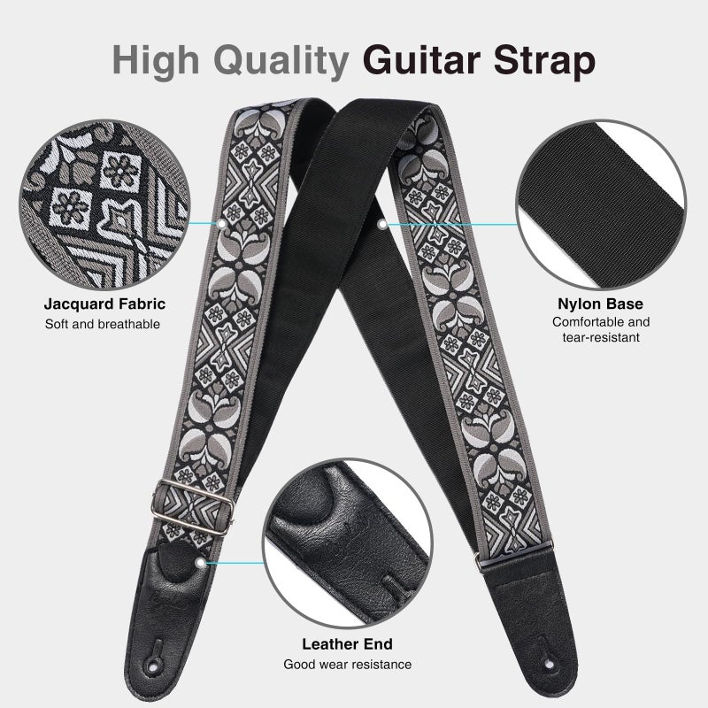 POGOLAB Guitar Strap, 2 inch Wide Jacquard Embroidery Cotton Adjustable Guitar Straps with Leather Ends, Soft & Comfortable, with Strap Locks & Picks, for Bass/Electric/Acoustic Guitar (Grey) - Image 4