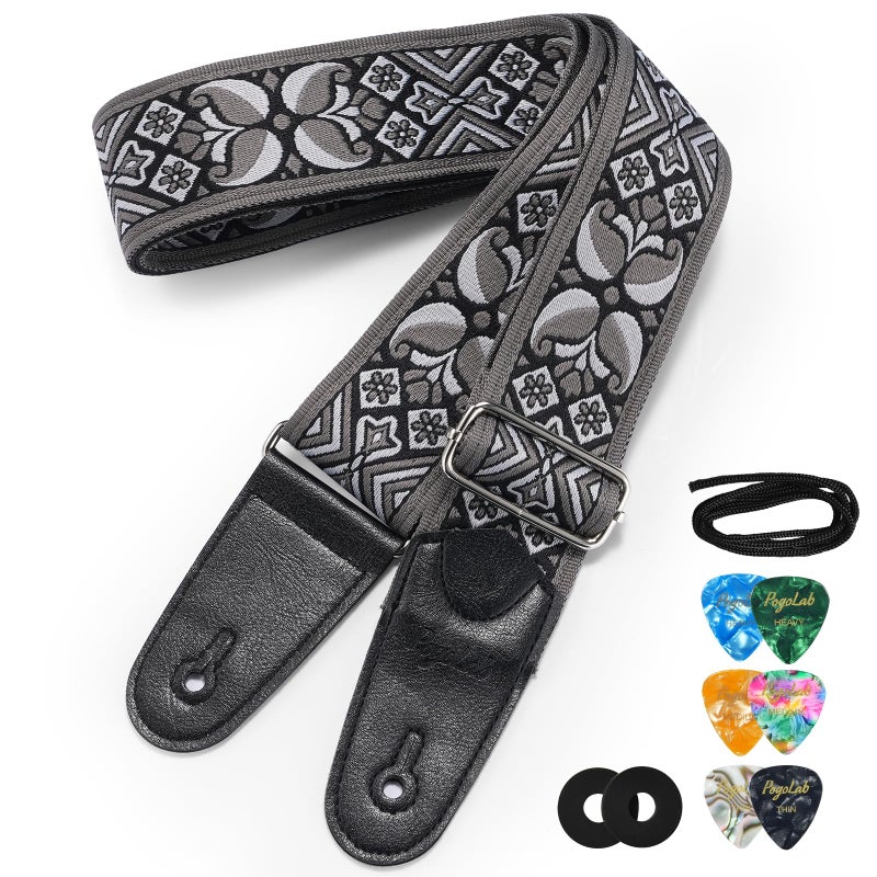 POGOLAB Guitar Strap, 2 inch Wide Jacquard Embroidery Cotton Adjustable Guitar Straps with Leather Ends, Soft & Comfortable, with Strap Locks & Picks, for Bass/Electric/Acoustic Guitar (Grey) - Image 1