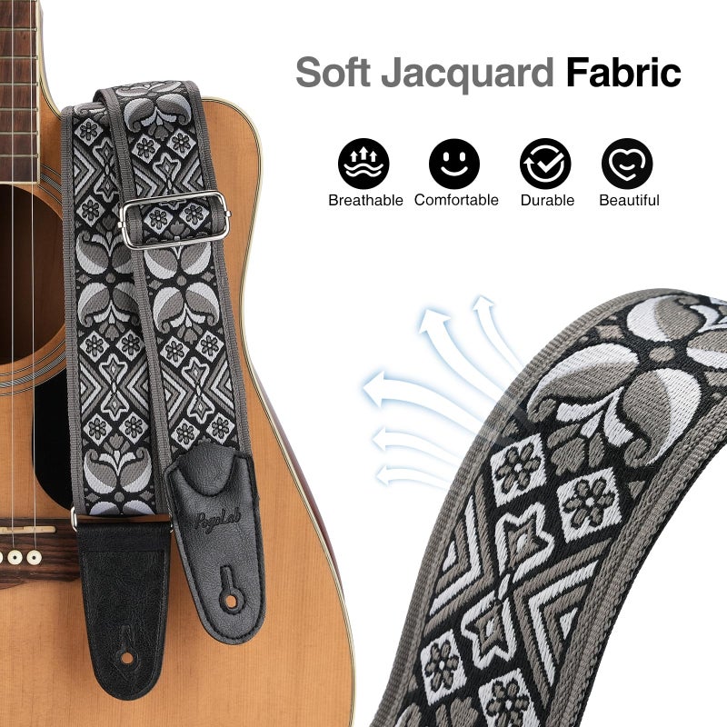POGOLAB Guitar Strap, 2 inch Wide Jacquard Embroidery Cotton Adjustable Guitar Straps with Leather Ends, Soft & Comfortable, with Strap Locks & Picks, for Bass/Electric/Acoustic Guitar (Grey) - Image 3