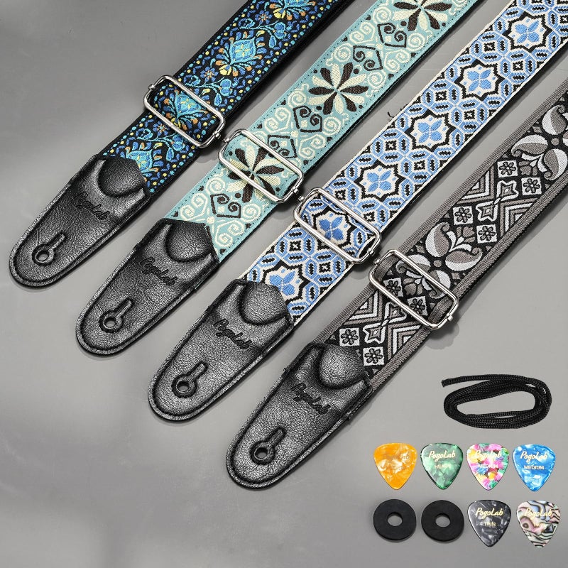 POGOLAB Guitar Strap, 2 inch Wide Jacquard Embroidery Cotton Adjustable Guitar Straps with Leather Ends, Soft & Comfortable, with Strap Locks & Picks, for Bass/Electric/Acoustic Guitar (Grey) - Image 2