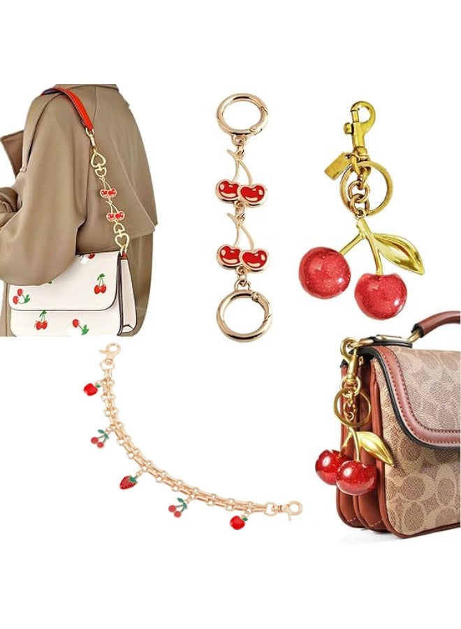 3 PCS Bag Extender Chain Gold Decorative Bag Chain Cherry Bag Charm Keychain Sets Purse Chains with Fruit Enamel Pendant Bag Charm Keychain Purse Handbags for Women Handbag Decoration Accessories - Image 1