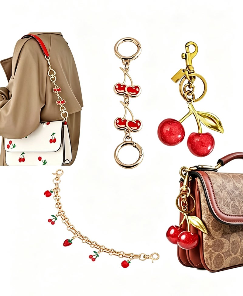 3Pack Cute Cherry Bag Charm Keychain, Gold Tone Cherry Bag Chain Extender, Purse Charms for Handbags Backpacks, Fashion Bag Accessories for Women Girls - Image 1