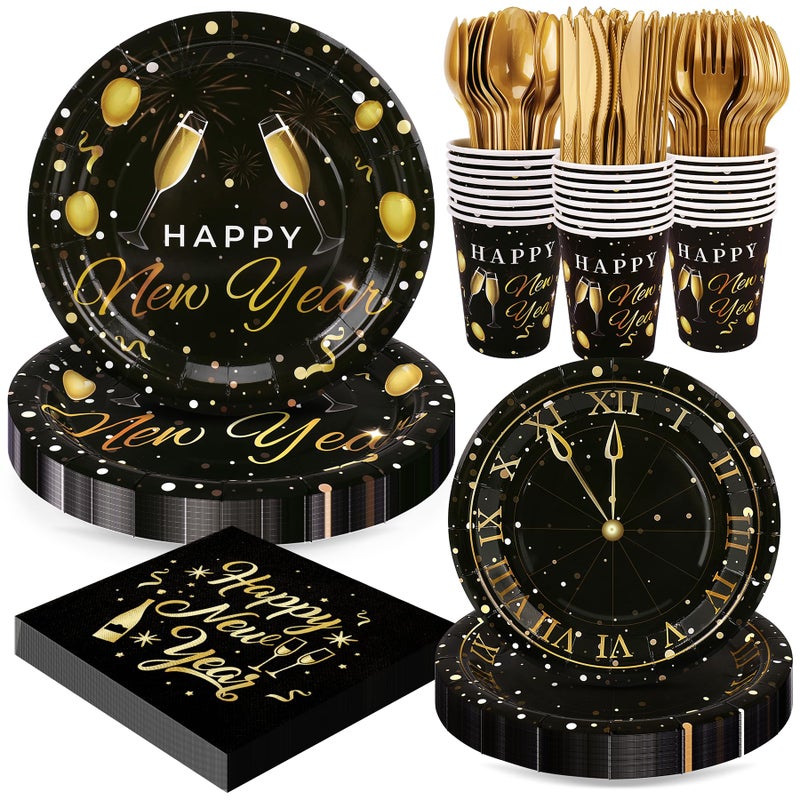 Fighting to Achieve 168pcs Happy New Year Party Supplies Black and Gold Paper Plates Napkins Cups and Gold Cutlery for 24 Guests 2026 New Year Disposable Tableware Supplies for Party Decorations - Image 3
