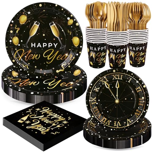 Fighting to Achieve 168pcs Happy New Year Party Supplies Black and Gold Paper Plates Napkins Cups and Gold Cutlery for 24 Guests 2026 New Year Disposable Tableware Supplies for Party Decorations - Image 1