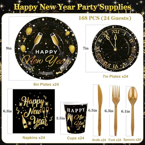 Fighting to Achieve 168pcs Happy New Year Party Supplies Black and Gold Paper Plates Napkins Cups and Gold Cutlery for 24 Guests 2026 New Year Disposable Tableware Supplies for Party Decorations - Image 5