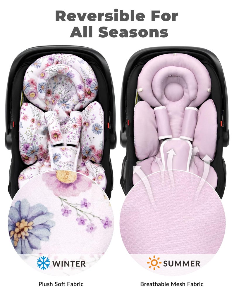 TinlyFinly Infant Car Seat Insert with Extra Cushion for Preemie to Toddler, Reversible Newborn Carseat Insert for Baby Head Body Support, Fits for Stroller, Baby Swing, Bouncer (Purple Wildflower) - Image 5