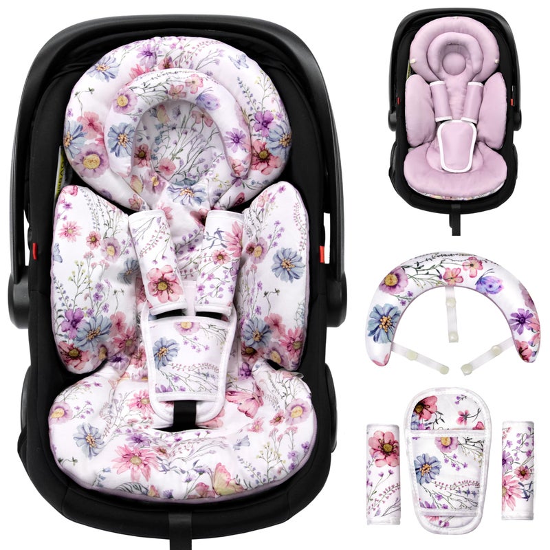 TinlyFinly Infant Car Seat Insert with Extra Cushion for Preemie to Toddler, Reversible Newborn Carseat Insert for Baby Head Body Support, Fits for Stroller, Baby Swing, Bouncer (Purple Wildflower) - Image 1