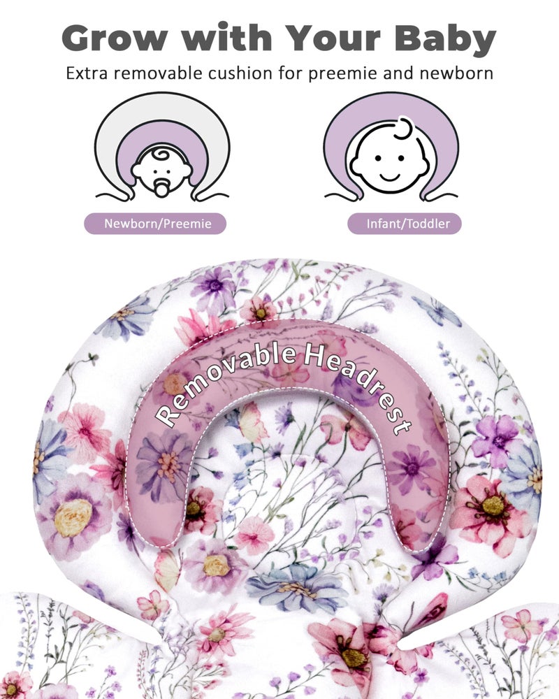 TinlyFinly Infant Car Seat Insert with Extra Cushion for Preemie to Toddler, Reversible Newborn Carseat Insert for Baby Head Body Support, Fits for Stroller, Baby Swing, Bouncer (Purple Wildflower) - Image 4