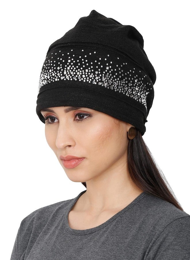 FabSeasons Studded Acrylic Woolen Winter Skull Cap/Beanie with Fleece Lining on The Inside for Girls & Women Black - Image 3