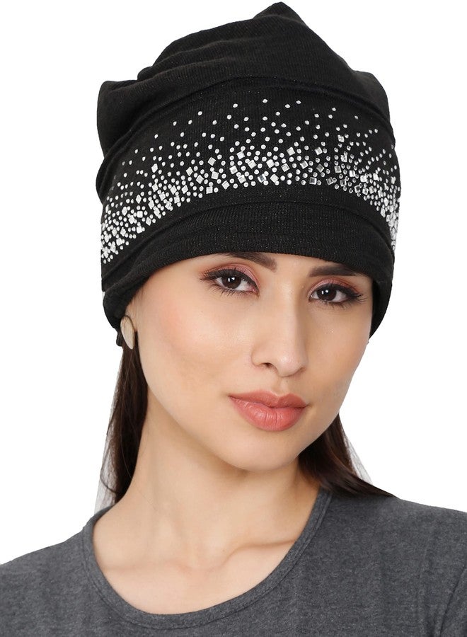 FabSeasons Studded Acrylic Woolen Winter Skull Cap/Beanie with Fleece Lining on The Inside for Girls & Women Black - Image 1