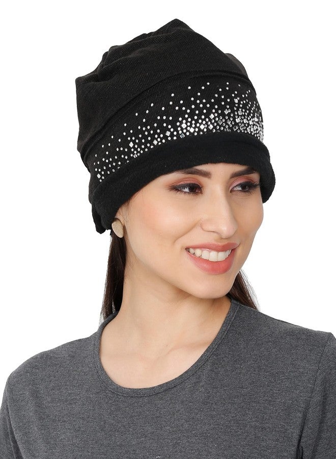 FabSeasons Studded Acrylic Woolen Winter Skull Cap/Beanie with Fleece Lining on The Inside for Girls & Women Black - Image 2