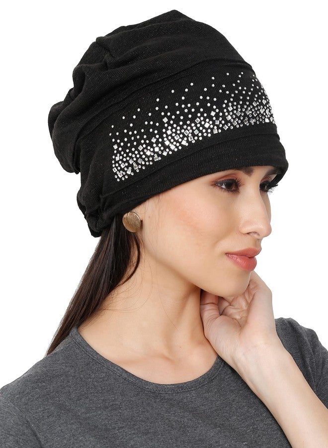 FabSeasons Studded Acrylic Woolen Winter Skull Cap/Beanie with Fleece Lining on The Inside for Girls & Women Black - Image 4