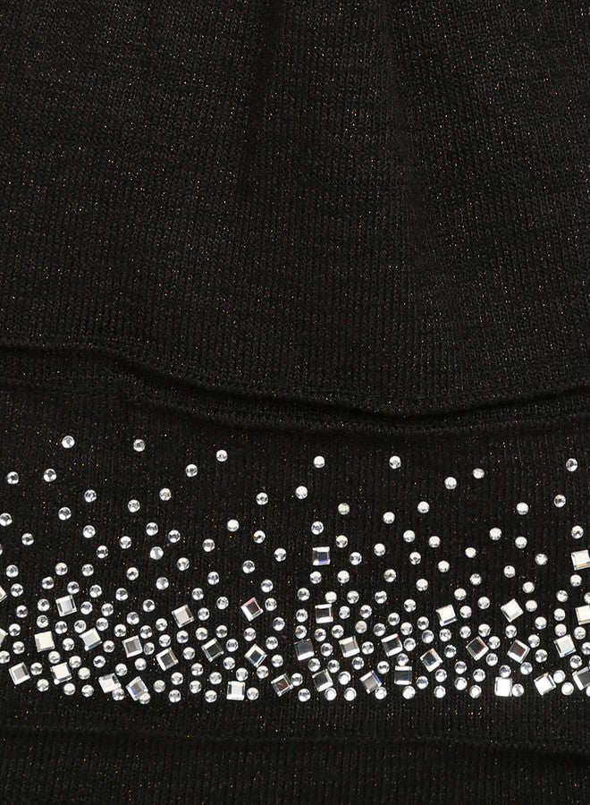 FabSeasons Studded Acrylic Woolen Winter Skull Cap/Beanie with Fleece Lining on The Inside for Girls & Women Black - Image 5