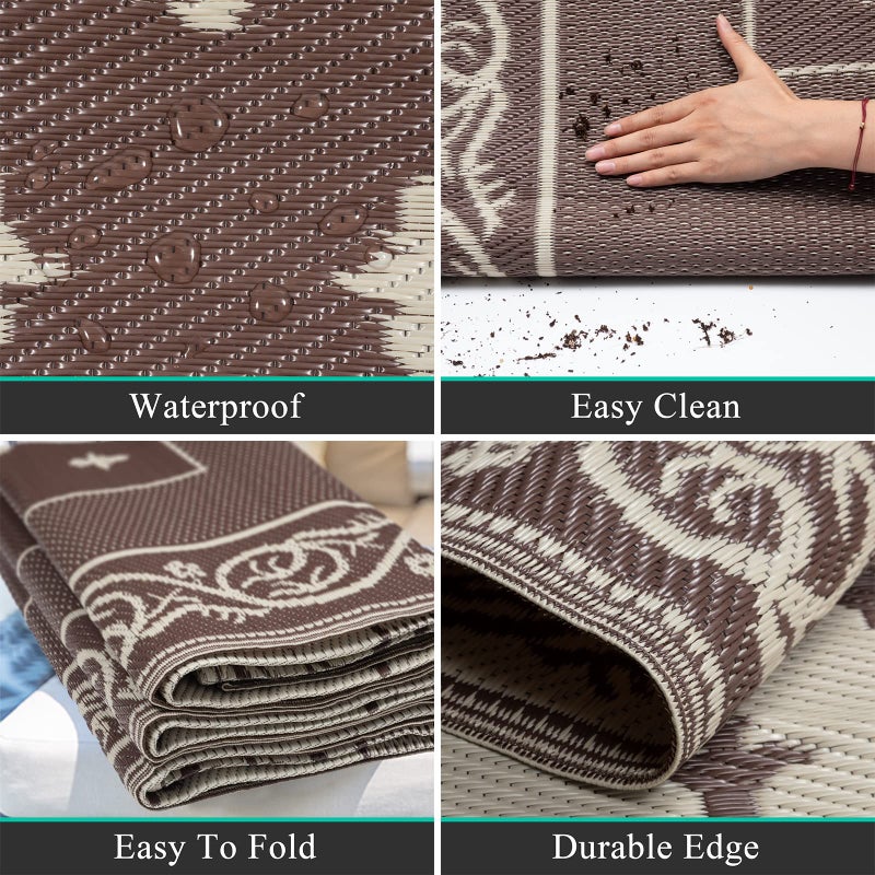 Pauwer Waterproof Outdoor Rug 6x9, Reversible Plastic Straw Patio Camping Rug, Indoor Outdoor RV Mat Carpet for Deck, Camper, Porch, Balcony, Backyard, Picnic, Bordered Brown - Image 4