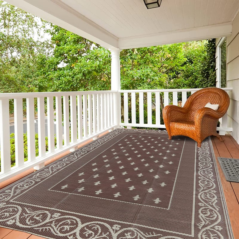 Pauwer Waterproof Outdoor Rug 6x9, Reversible Plastic Straw Patio Camping Rug, Indoor Outdoor RV Mat Carpet for Deck, Camper, Porch, Balcony, Backyard, Picnic, Bordered Brown - Image 2
