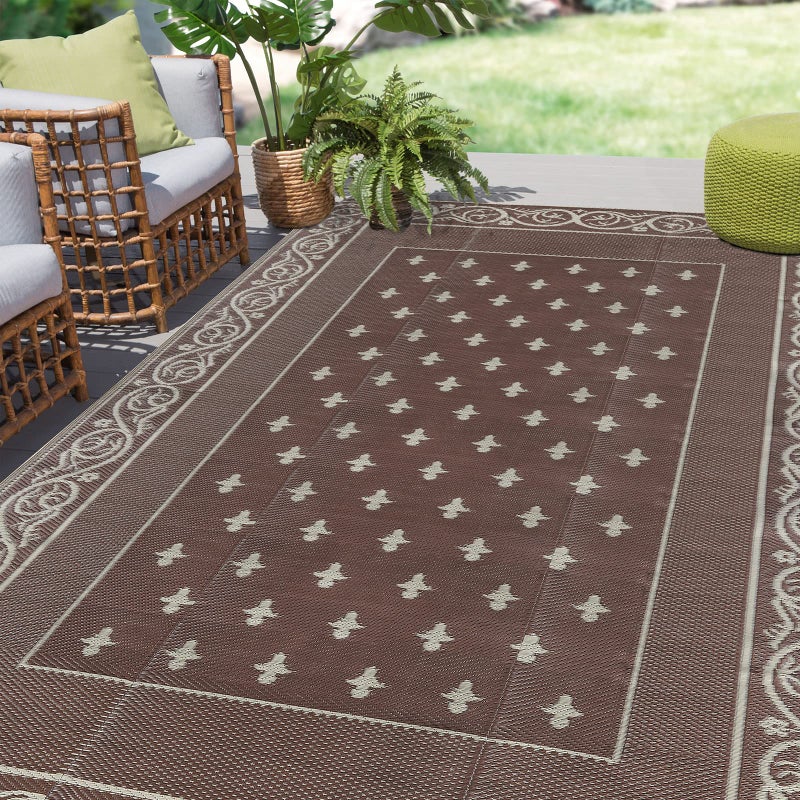 Pauwer Waterproof Outdoor Rug 6x9, Reversible Plastic Straw Patio Camping Rug, Indoor Outdoor RV Mat Carpet for Deck, Camper, Porch, Balcony, Backyard, Picnic, Bordered Brown - Image 1