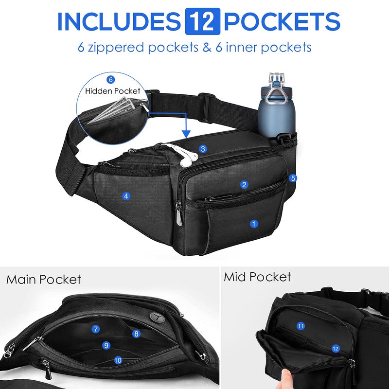 NOOLA Fanny Pack with Water Bottle Holder for Men Women Large Hiking Waist Bag Hip Bum Bag Adjustable Strap Belt Bag 6 Zipper Pocket for Running Cycling Traveling Dog Walking Workout Outdoor Black - Image 4