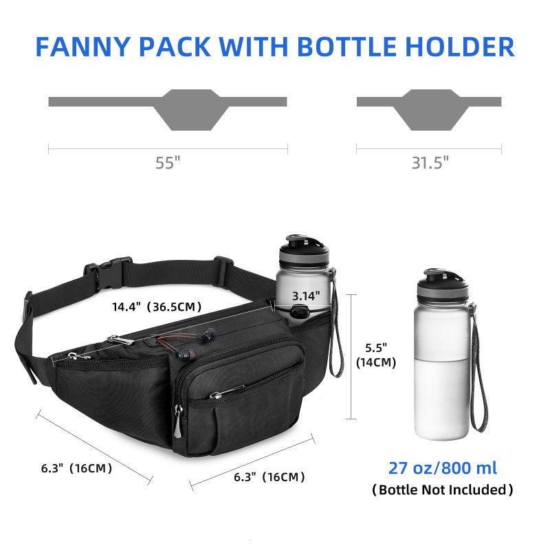 NOOLA Fanny Pack with Water Bottle Holder for Men Women Large Hiking Waist Bag Hip Bum Bag Adjustable Strap Belt Bag 6 Zipper Pocket for Running Cycling Traveling Dog Walking Workout Outdoor Black - Image 2