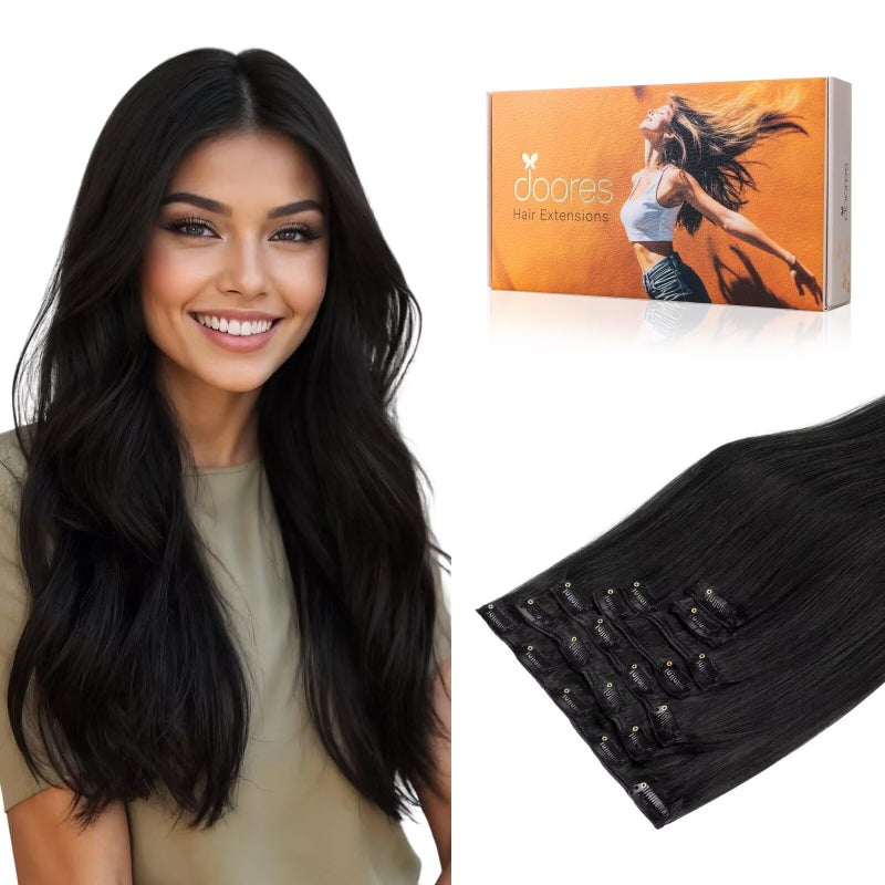 DOORES Hair Extensions Clip in Human Hair Jet Black 18 Inch 7pcs 120g Clip in Real Human Hair Extensions Natural Straight Remy Hair Extensions - Image 1