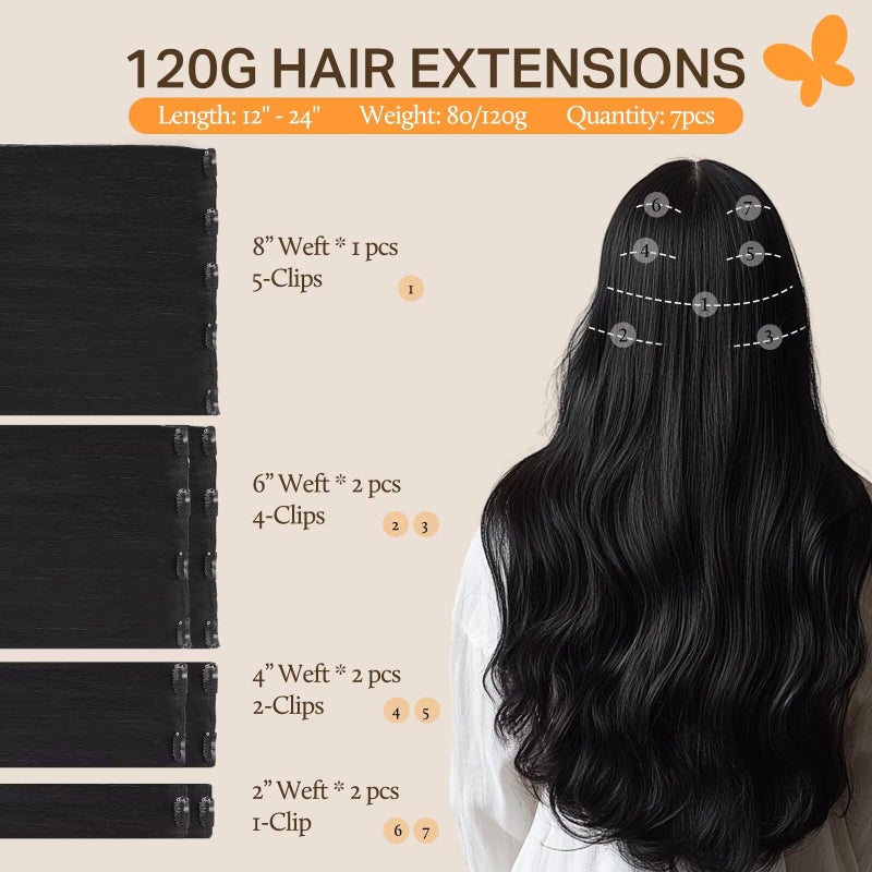 DOORES Hair Extensions Clip in Human Hair Jet Black 18 Inch 7pcs 120g Clip in Real Human Hair Extensions Natural Straight Remy Hair Extensions - Image 2