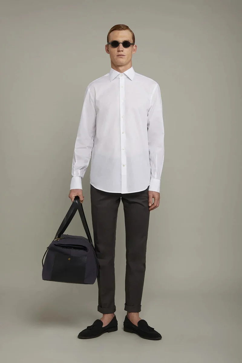 دوبل غانغر Men's Casual Shirt Classic Collar 100% Cotton Muslin Fabric Solid Color Comfort Fit - White