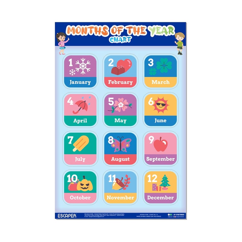ESCAPER Months of the Year Educational Charts for Kids, Charts for Kids Learning (11.5 x 17.5 inches), Kids Study Material, Kids Learning Books, Educational Posters - Image 1