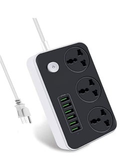 Generic Power Strip with USB Ports Long Cord Universal Socket 3 Outlets Surge Protector 6 Quick USB (4A) Charging Station 3M Power Cord 2500W Circuit Breaker Child Safe Door (Black & Grey)  - Image 1