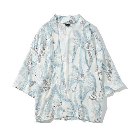 Japanese Retro Dark Ukiyo-e Kimono Cardigan Unisex Casual Loose Fit Shirt Jacket 01 White Crane Robe