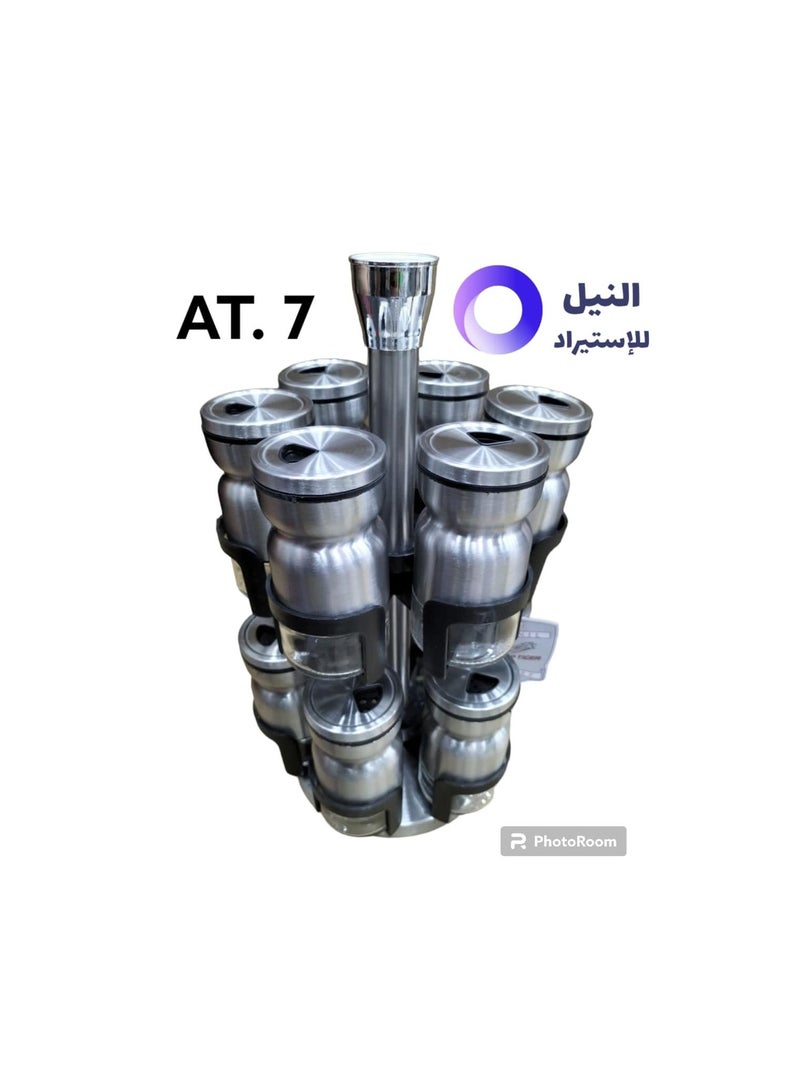 طقم توابل ١٢ برطمان زجاج بكوفر استانلس لكل برطمان لحماية الزجاج علي استاند دوار دورين معدن استانلس غير قابل للصدأ
