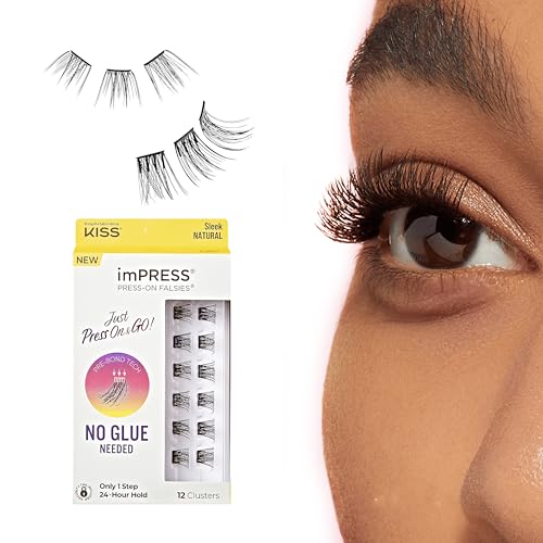 Impress Kiss Impress Falsies Press On Self Adhesive Eyelashes 12mm14mm Natural Volume Press On Lashes Black No Glue Needed Invisible Band 12 Lash Clusters Sleek - Image 1