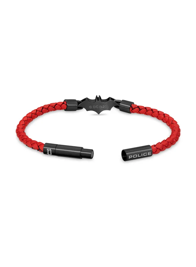 بوليس Batarang Men's Red Leather Bracelet with Black Stainless Steel Pendant, Magnetic Closure