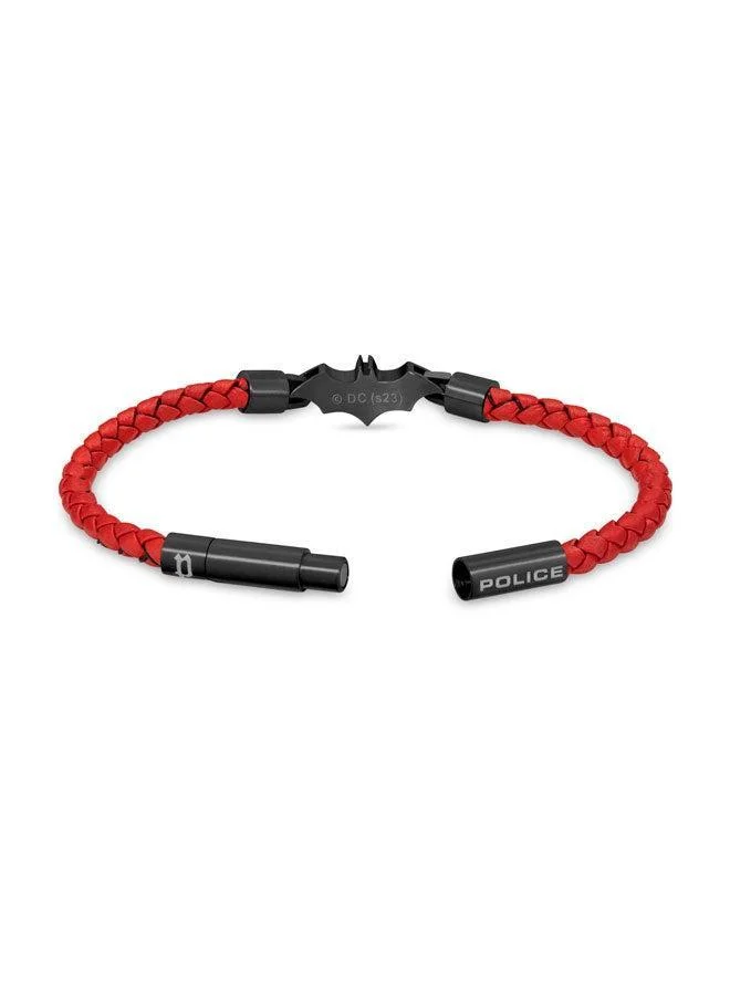 POLICE Batarang Men's Red Leather Bracelet with Black Stainless Steel Pendant, Magnetic Closure