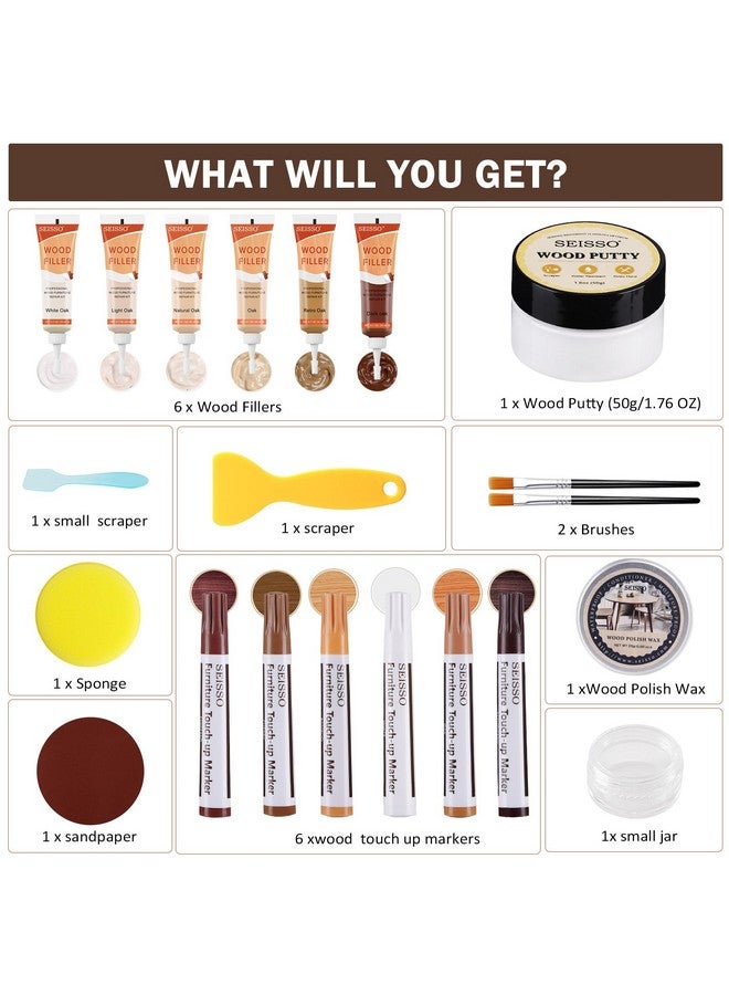 سيسو مجموعة إصلاح الأثاث الخشبي من SEISSO، حشوات خشبية، أقلام تلميع، معجون خشب وشمع خشب، إصلاح الثقوب والخدوش والشقوق، مجموعة من 20 قطعة - مجموعة إصلاح الأرضيات الخشبية للأبواب والأرضيات والطاولات والخزانات - Image 2