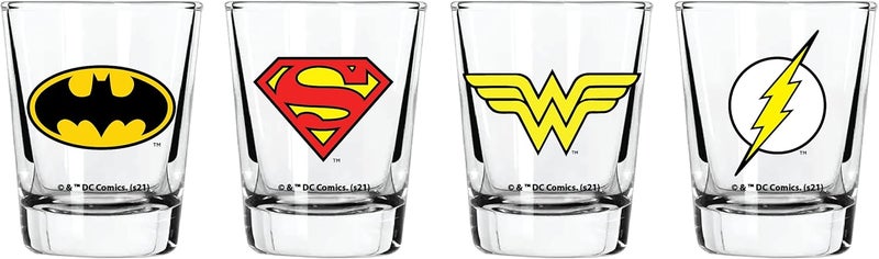 Spoontiques طقم كؤوس شوت من DC Comics فرقة العدالة سعة 2 أونصة مجموعة من 4 كؤوس شوت سوبرمان باتمان ووندر وومان فلاش شفافة - Image 1