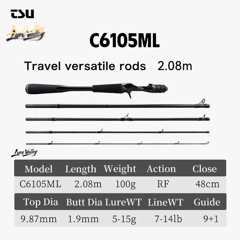 Tsurinoya Lure Valley 5 Section Spinning Casting Fishing Rod 1.98/2.08/2.21/2.44/2.7m Fuji A+sic Guide RF Action Travel Bass Rod, 2.08m C6105ML - Image 1